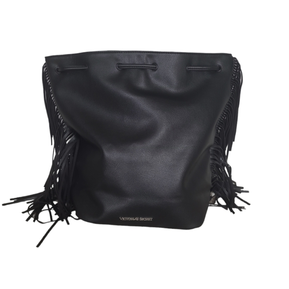 NWOT new Victoria's Secret Black Fringe BackPack Limited Edition W/ Drawstrings - Picture 1 of 12